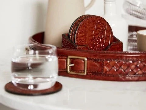 Braided leather tray and leather coasters