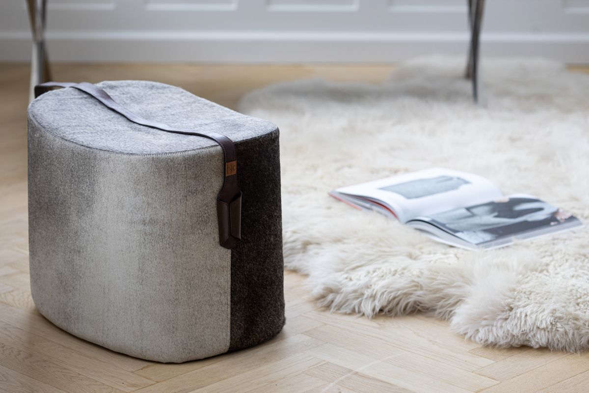 Calf Leather Pouf | Round | 18x14x15 in Grey