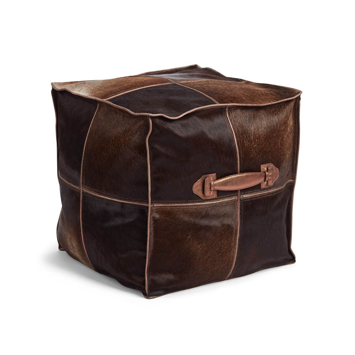 Calf Leather Pouf W/handle | Square |18x18x18 in