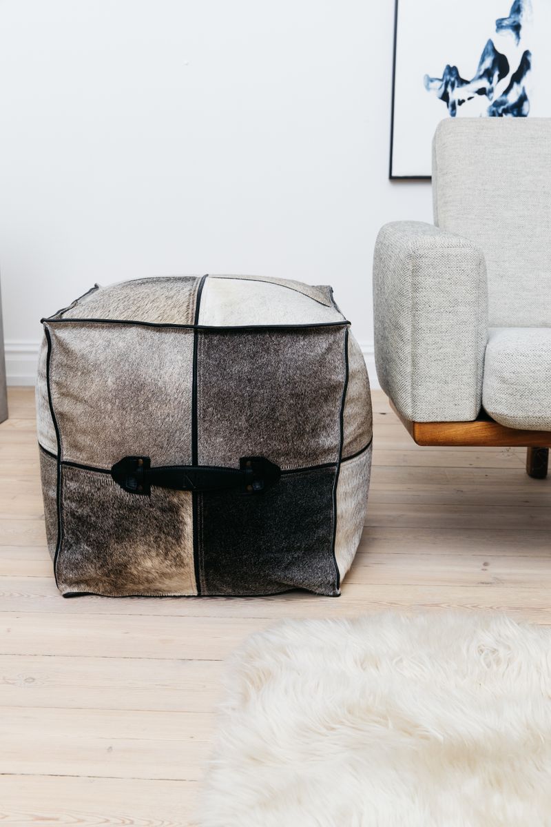 Calf Leather Pouf W/handle | Square |18x18x18 in Grey