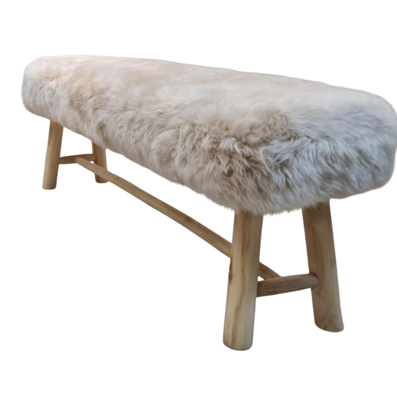 Bench with New Zealand Long Wool Sheepskin | Oak Legs Linen