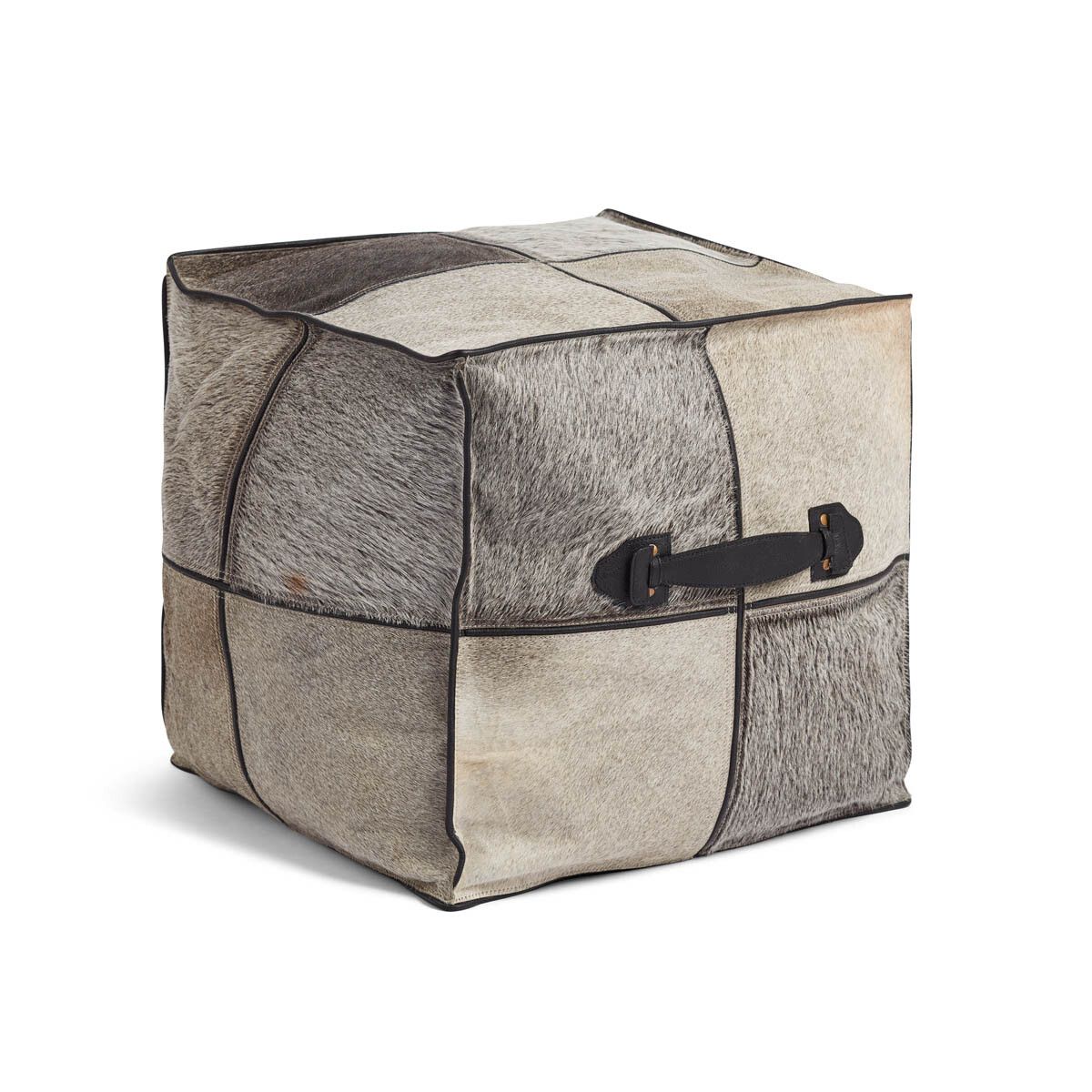 Calf Leather Pouf W/handle | Square |18x18x18 in