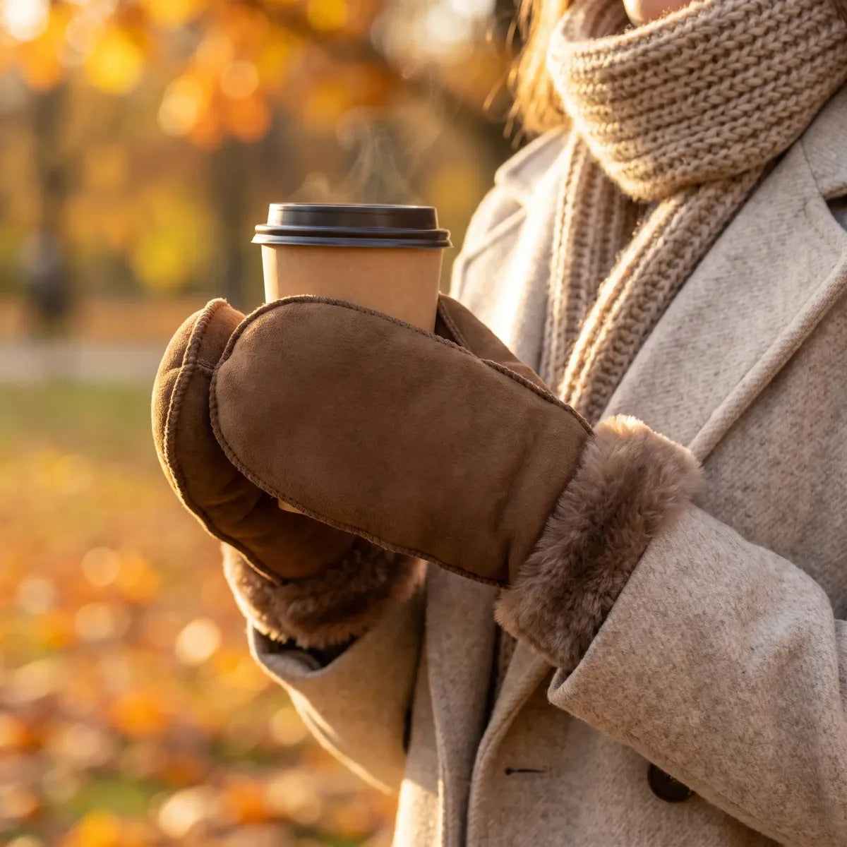 Woman in sheepskin mittens holding a coffee cup in autumn