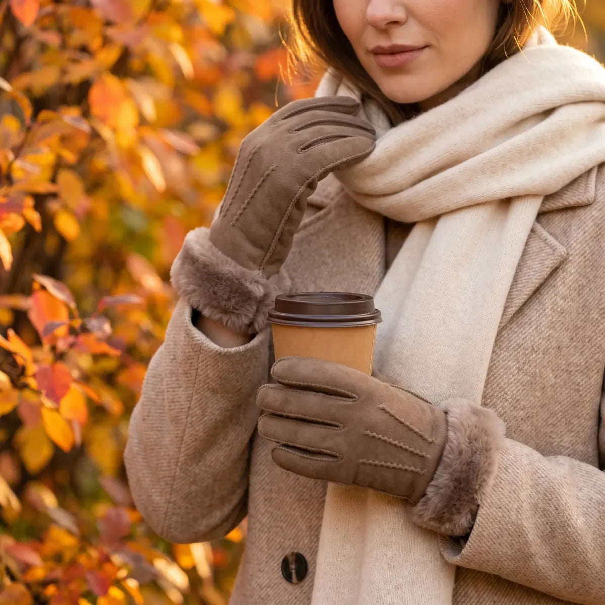 Woman in sheepskin gloves holding a coffee cup in autumn