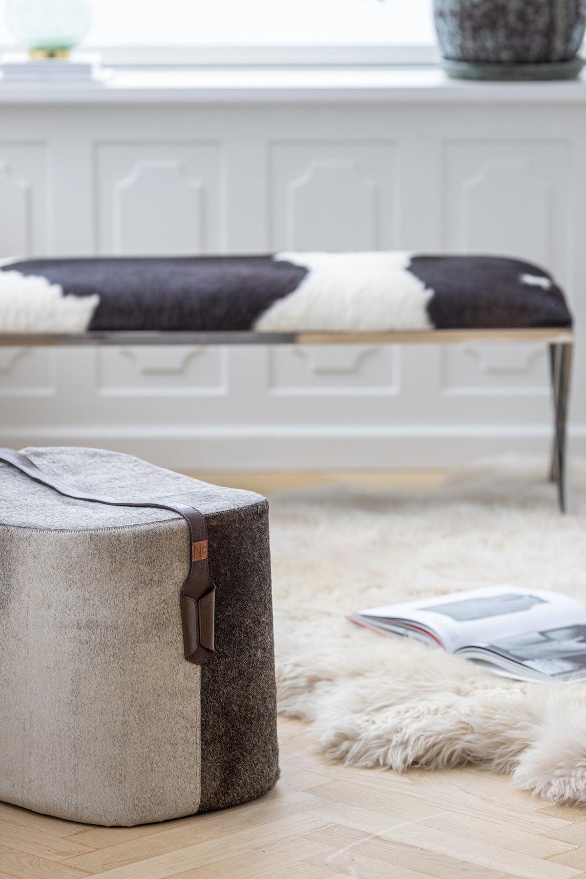 Calf Leather Pouf | Round | 18x14x15 in