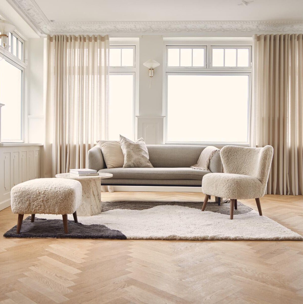 Short Wool Curly Sheepskin River Design Rug Anthracite/Cappuccino/Pearl