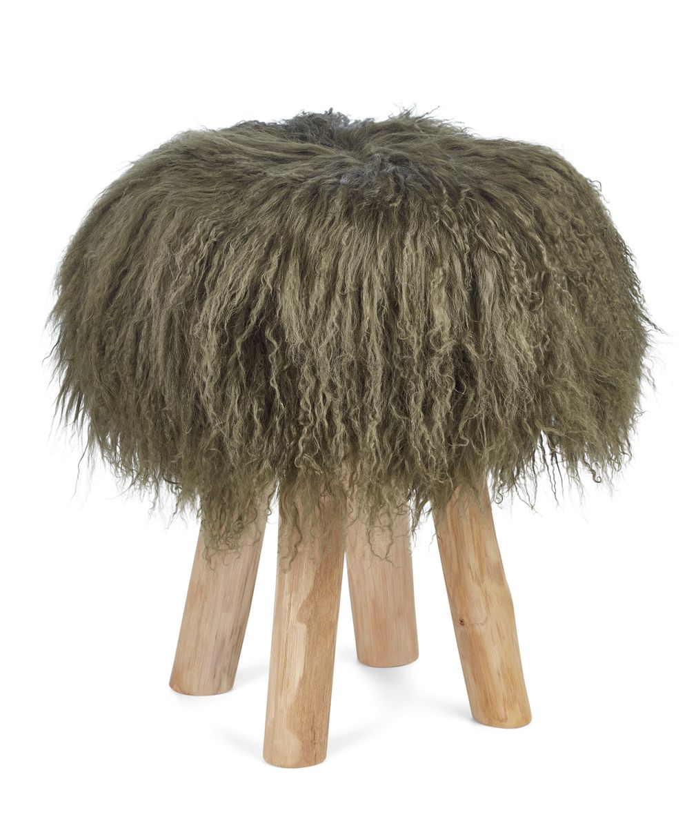 Theo Stool + Cover | Oak Legs | Tibet Sheepskin Hedge Green