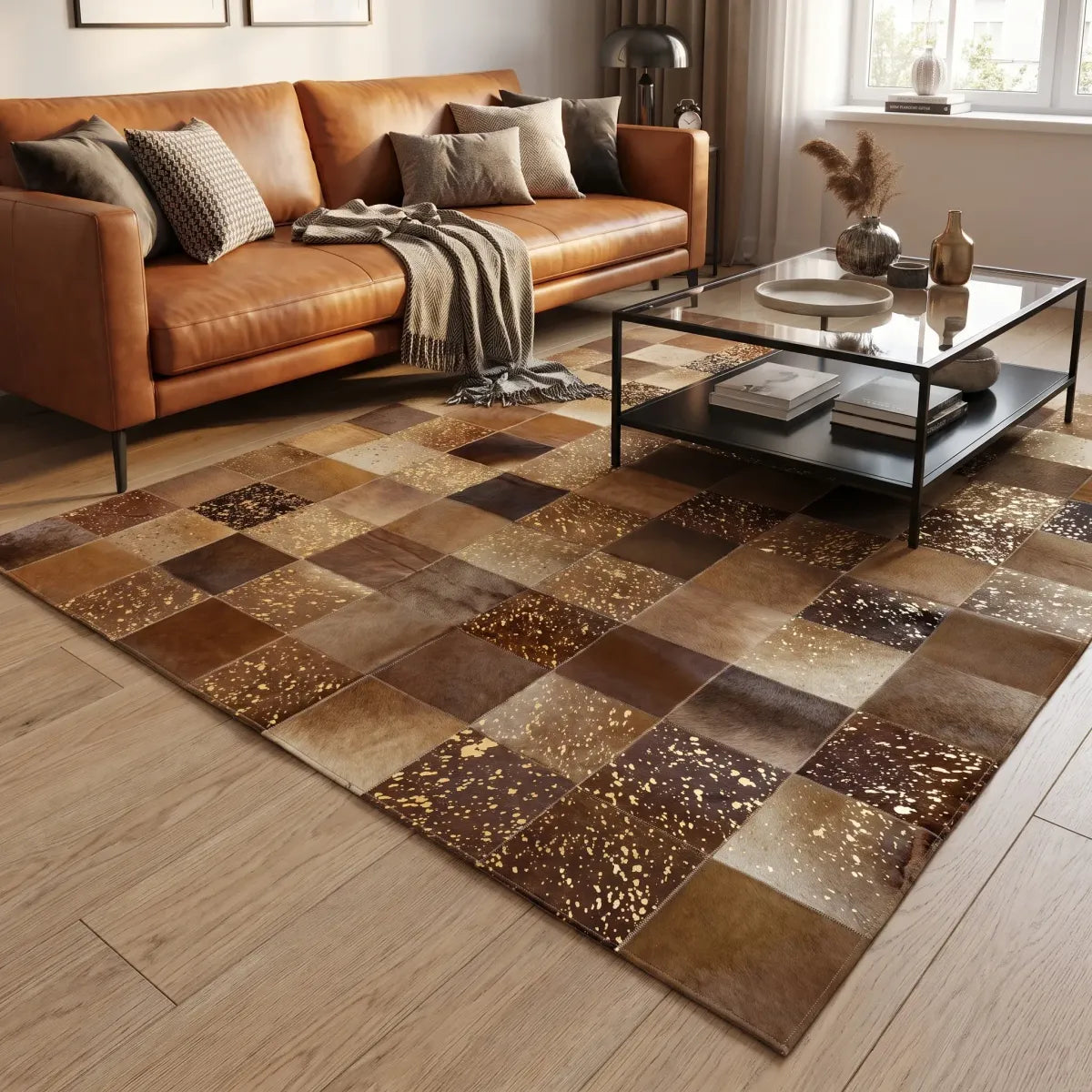 Cow Hide Design Rug | Golden Brown Patchwork | 79x79 in