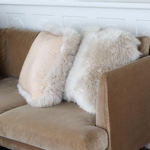 Long-Wool Sheepskin Cushion | LW | Leather backing Ivory