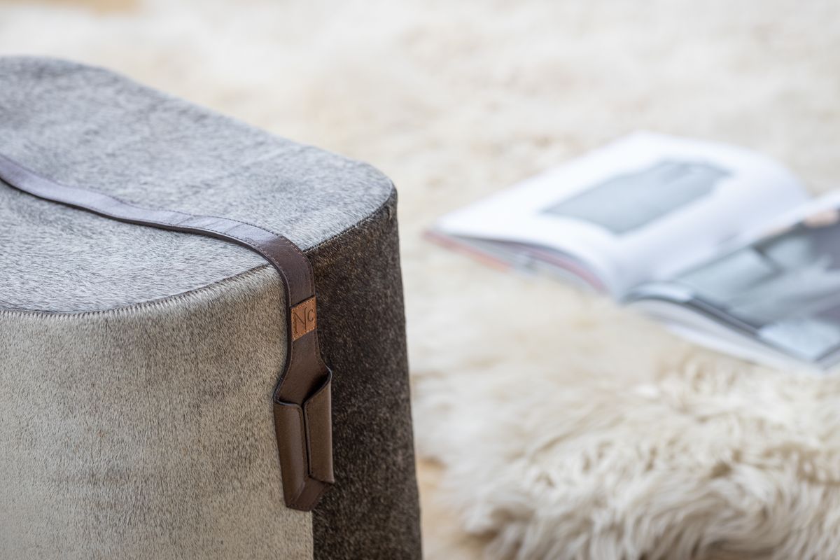 Calf Leather Pouf | Round | 18x14x15 in Grey