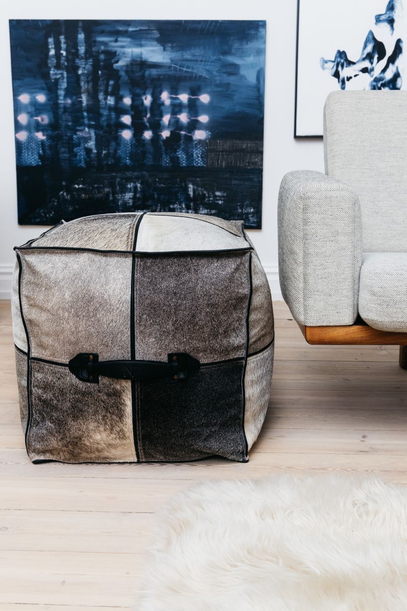 Calf Leather Pouf W/handle | Square |18x18x18 in Grey
