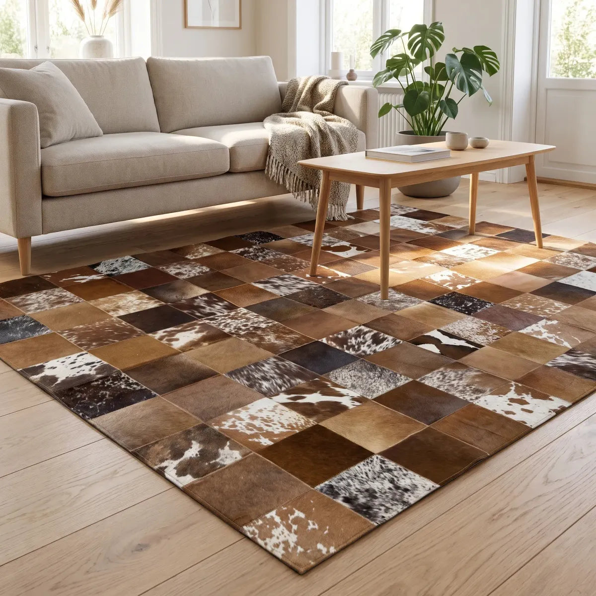 Cow Hide Design Rug | Brown and White Patchwork | 79x79 in