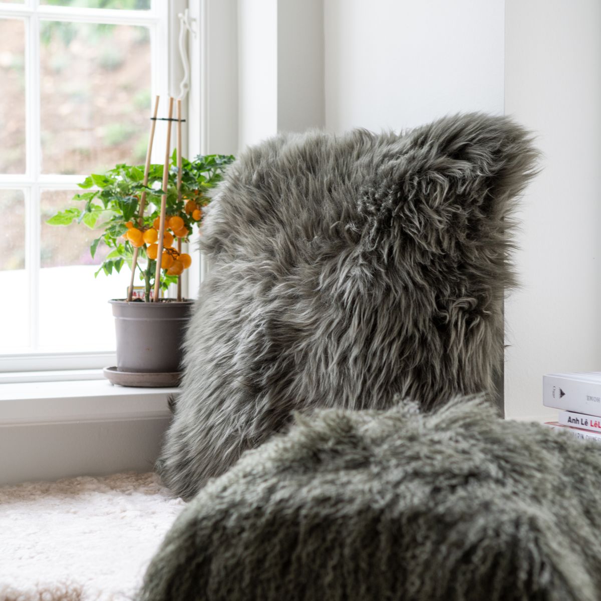 Sheepskin Cushion | Long Wool | New Zealand | Square Steel