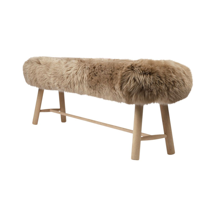 Theo bench in taupe long hair on oak legs